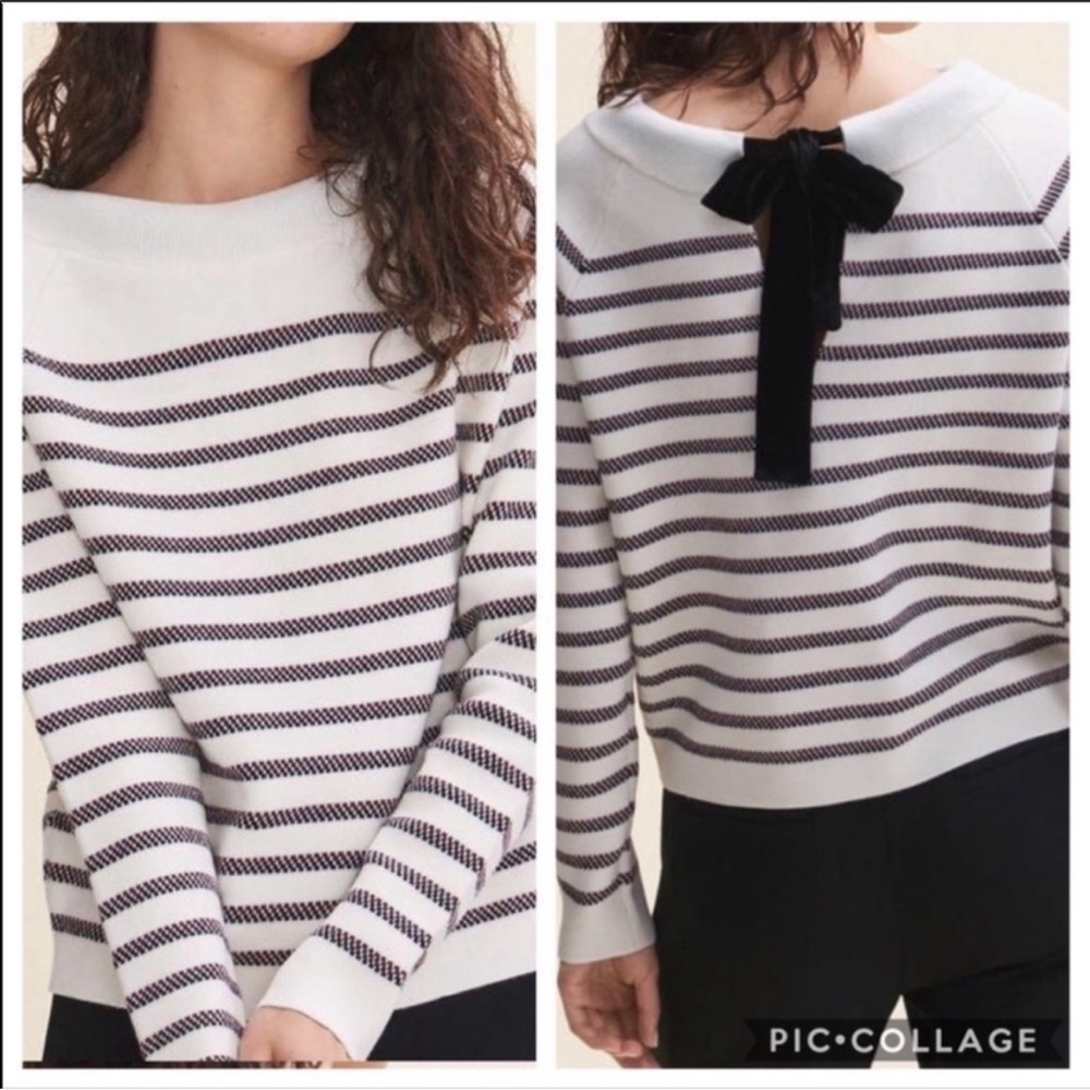 Maje Black and White Striped Sweater with Bow